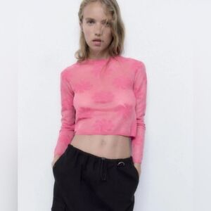 Zara Pink Semi Sheer Floral Cropped Top Size M